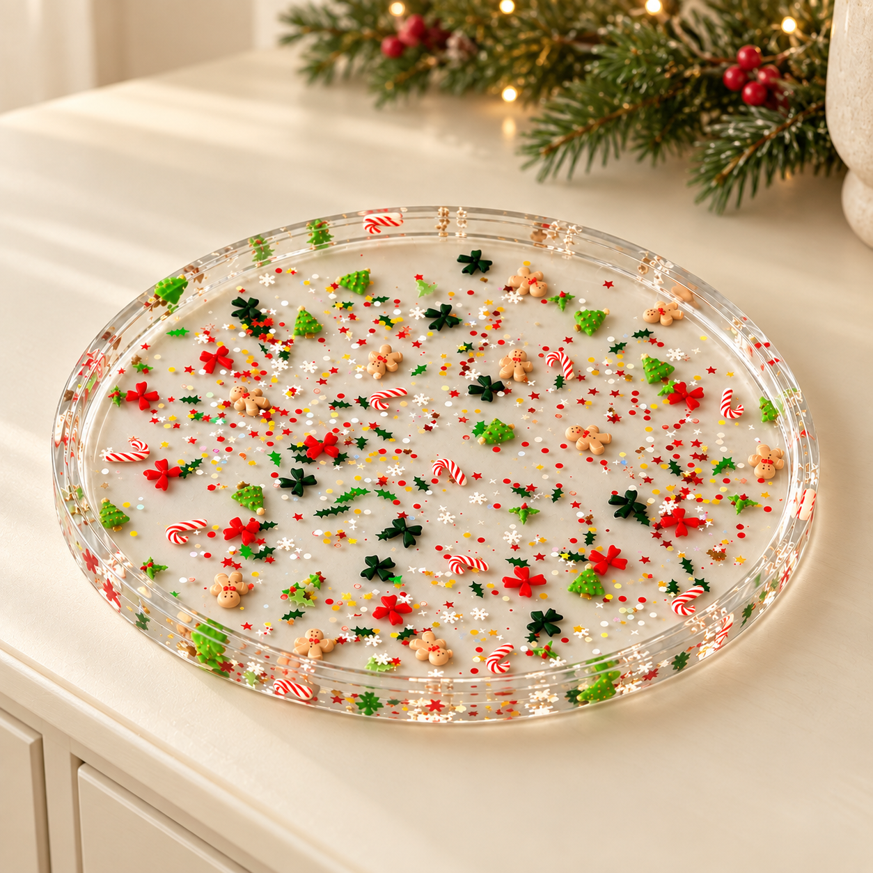 Handmade Christmas Resin Tray – Gingerbread & Candy Cane Design, 30 cm